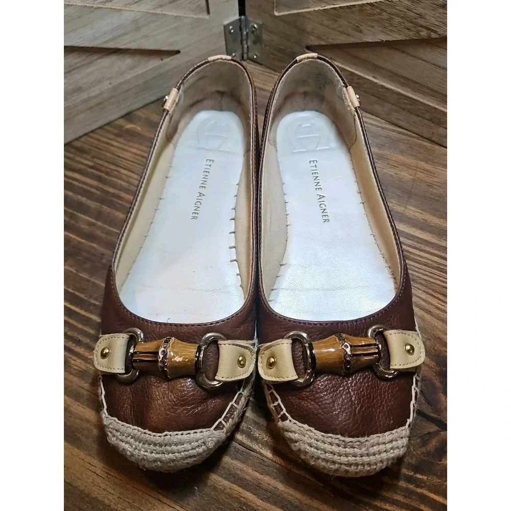 Vtg Etienne‎ Aigner Espadrille Ballet Flats 7.5 Brown Leather Bamboo Boho #427